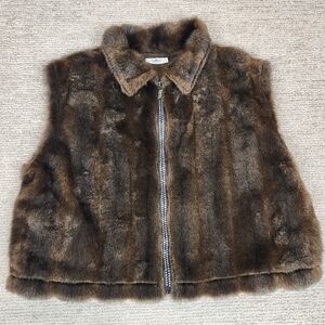 Black Mountain Women Faux Fur Vest XXL Brown Sequin Acrylic USA Vintage Full Zip